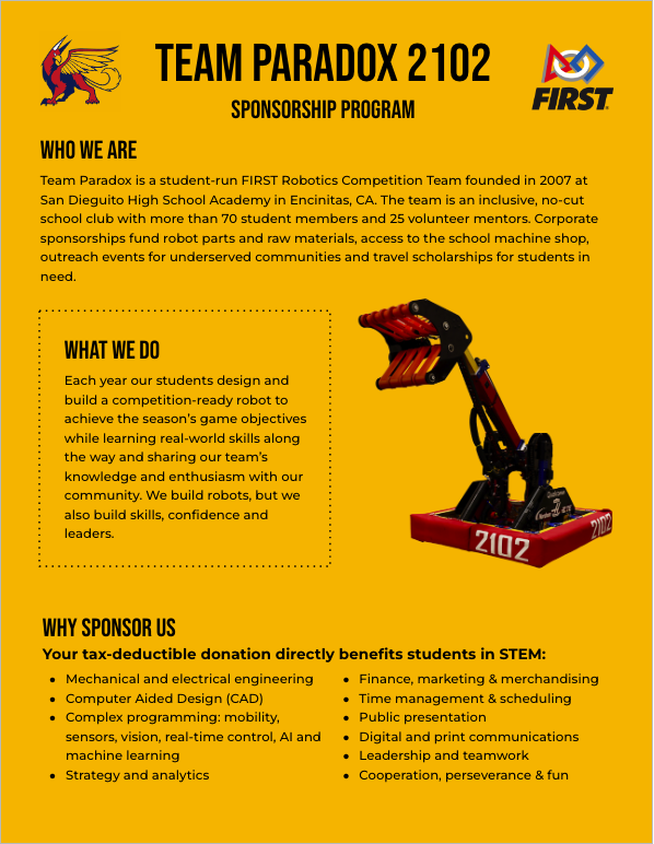 Screen shot of Team Paradox sponsor brochure. Click to link to pdf